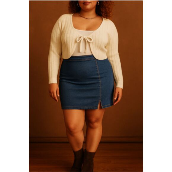 114 Women’s Blue Denim Mini Skirt with Front Slit –High Waist Stretch Jean Skirt - Picture 1 of 3